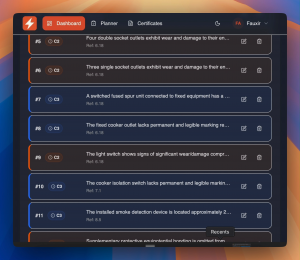 Screenshot of TestFast EICR software Intelligent Observation Builder showing automatic conversion of shorthand electrical notes to BS 7671 compliant observation codes with regulation references