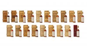 A complete set of 19 Macallan Anniversary Malt whisky bottles arranged together, representing every release in the series.