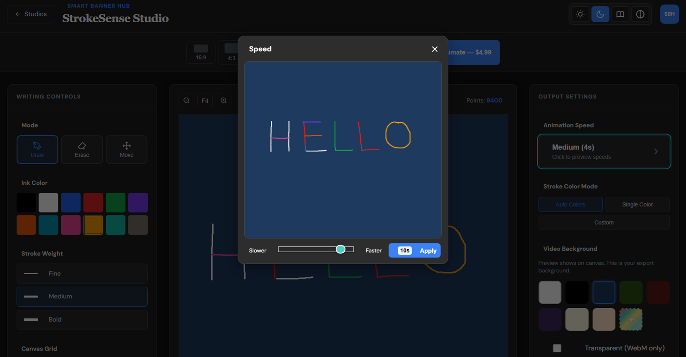 StrokeSense Studio speed preview modal showing HELLO animation preview with slider control ranging from Slower to Faster, displaying 10s duration and Apply button.