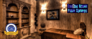 Cozy escape room interior in Palm Springs featuring wooden walls, a bookshelf, a painting, and soft lighting. Certified Autism Center logo included.