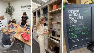 Three-paneled picture of the California Closets Holiday Pop-Up Market in the Raleigh showroom, with custom storage displays and holiday signage