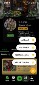Mobile app screen showing a commission-free digital storefront for a local flower shop on Secret World App.