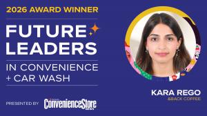 Award graphic featuring Kara Rego of &BACK COFFEE, recognized as a 2026 Future Leader in Convenience and Car Wash by Convenience Store News Canada.