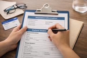 Patient filling out insurance intake form for outpatient mental health therapy that accepts insurance in Orange County, CA.