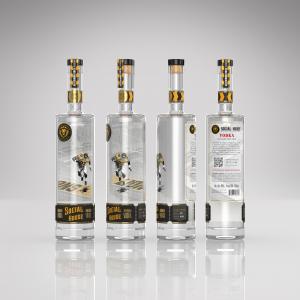 Four views of the 1873 Gold Standard vodka bottle by Social House Vodka, featuring black-and-gold design elements inspired by the University of Arkansas at Pine Bluff and imagery celebrating Golden Lion athletics.