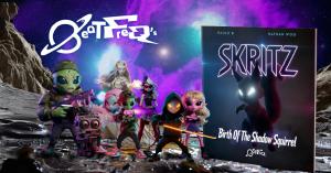 Book cover of SKRITZ: Birth of the Shadow Squirrel by Paulo B and Nathan Woo, showing a stylized group of alien characters and a glowing shadow squirrel set against a colorful cosmic background, conveying a playful, cinematic children’s sci-fi adventure.