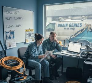 Inside a dimly lit plumbing service office, a man and a woman sit at a desk, looking stressed. The woman reads a newspaper while the man stares at a laptop displaying low marketing analytics. Plumbing equipment like hoses and toolboxes are visible, and a