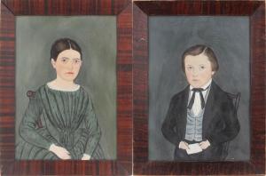 Pair of oil on board portraits by Jacob Bailey Moore (1815-1893), titled Portrait of a Young Boy and his Sister. Estimate: $2,000-$3,000