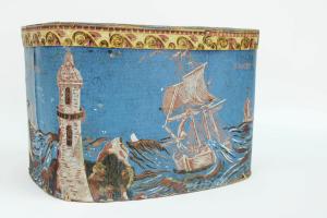 American "Sandy Hook" wallpaper hat box, New England, circa 1830, with NY Deaf & Dumb Asylum lid. Estimate: $3,000-$5,000
