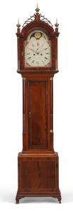 Federal inlaid mahogany tall case clock, the white painted dial signed made for Johnathan Cook, Aaron Willard, Boston. The case attributed to John and Thomas Seymour, Boston, 1800-1820. Estimate: $15,000-$30,000