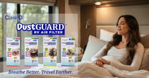 Clean air meets comfort on the road: a traveler relaxes inside her RV while CLEAR2O DustGUARD RV Air Filters work behind the scenes to help maintain fresher indoor air.
