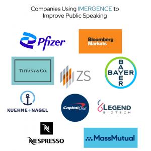 Logos of organizations that use improv-based public speaking and communication training for professionals.