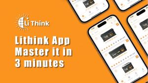 LiThink LiFePO4 battery management app interface displayed on smartphones, showing real-time dashboard, device list, and monitoring features on an orange background.