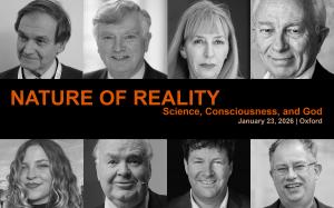 This image shows black and white photos of the speakers of the Nature of Reality Seminar, including Roger Penrose, John Lennox, Susan Greenfield, Andrew Briggs, Steven Croft, Emily Qureshi-Hurst, Michel-Yves Bollore, and Olivier Bonnassies.