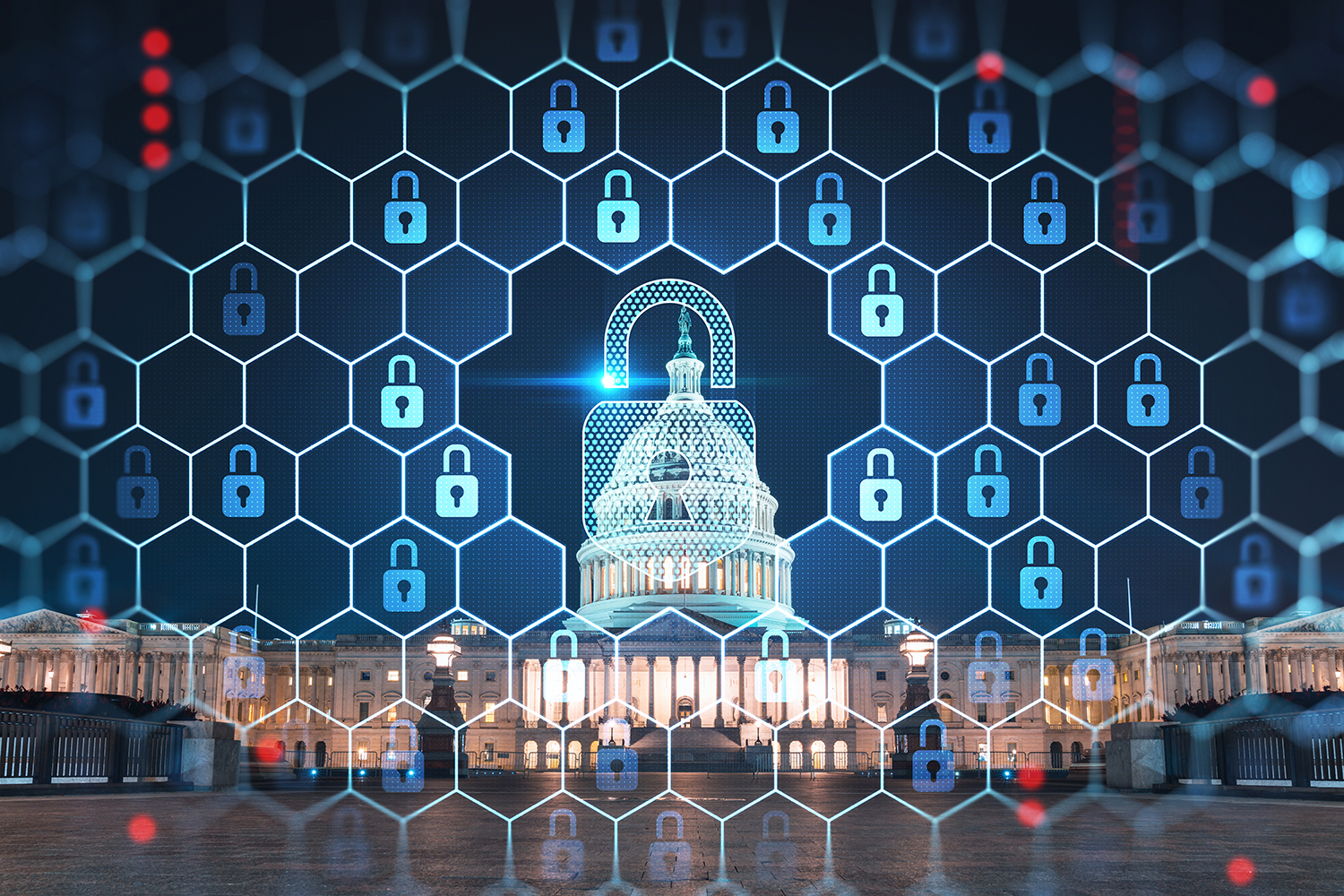 Illustration representing Zero Access backup and cybersecurity for federal IT, with secure data protection overlaying a government building.