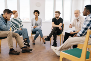 Outpatient addiction treatment group session in a neutral, professional setting