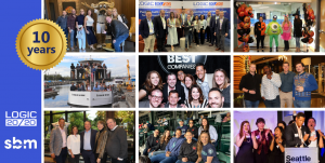 Grid graphic showcasing nine photos covering ten years of Logic20/20 employee experiences, along with a 10-year badge to signify this year's tenth conseucitve recognition as a Seattle Business Magazine's Best Company to Work For.