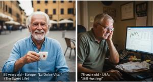 A side-by-side comparison of two elderly men: one smiling outdoors in Europe with espresso, labeled "La Dolce Vita," and another indoors in the USA, looking tired while working at a computer with stock charts, labeled "Still Hustling."