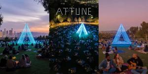 A three-panel horizontal composite showing digital renderings of Attune 1.0, a public light and sound art exhibition. The images depict diverse groups of people gathered on park lawns at sunset and twilight, centered around a large, glowing triangular lig