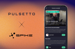 Pulsetto and Spike logos with X symbol on orange gradient background next to smartphone showing wearable connection interface with Apple Health and Fitbit integration options