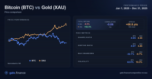 Bitcoin (BTC) vs. Gold (XAU) performance and risk in 2025