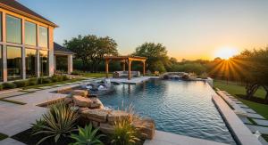 Luxurious backyard with an infinity pool at sunset, surrounded by lush greenery. A modern pergola and rocky waterfall enhance the serene ambiance.