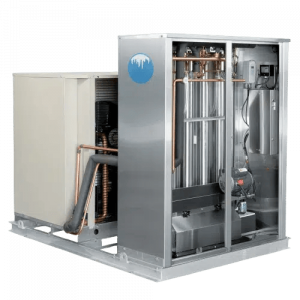 Industrial ice machine showcasing metal components and copper pipes. The blue logo features a snowflake, conveying cold utility.