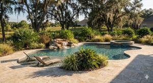 Backyard oasis with a curvy pool, rock waterfall, and hot tub. Surrounded by lush greenery and trees, the patio has two lounge chairs. Peaceful vibe.