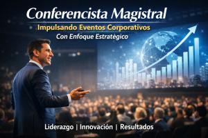 Conferencista magistral impartiendo conferencia en evento corporativo con enfoque estratégico y empresarial