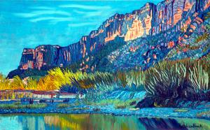 A colorful, contemporary expressionist painting of cliffs overlooking a river's edge with diverse vegetation along the bank