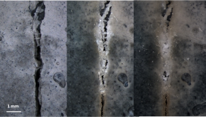 Image showing over time the autonomous creation by bacteria of limestone which heals the concrete crack.