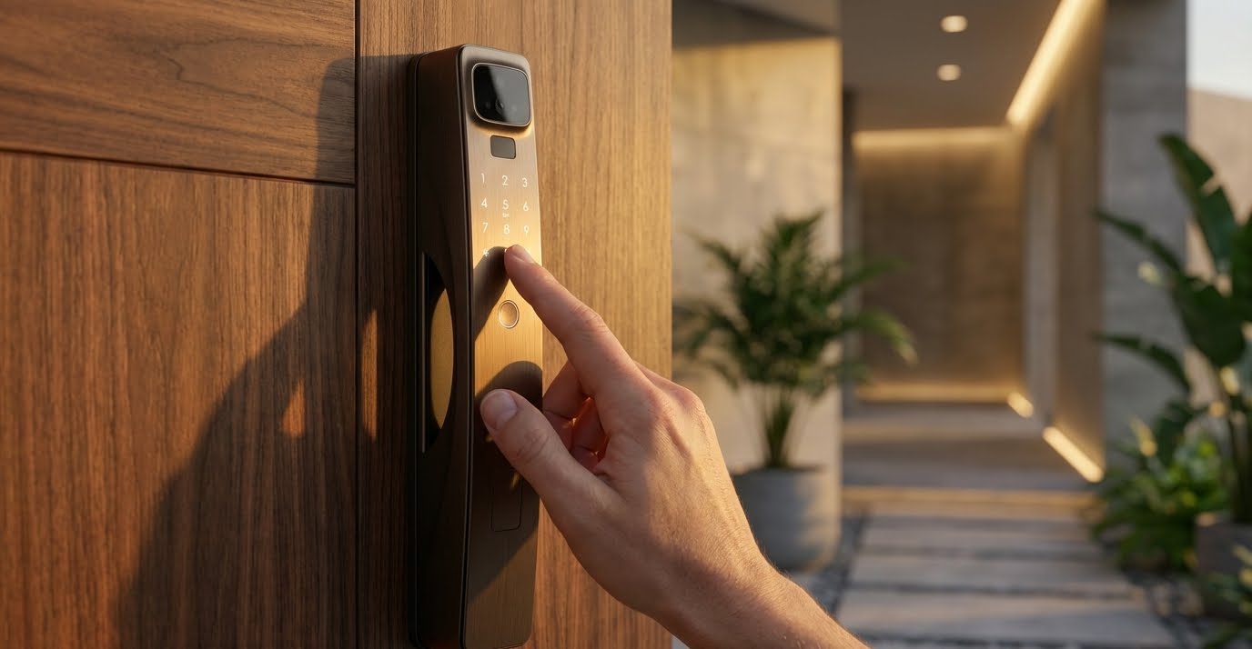 Interlock Mercury Series digital door lock installed on a residential door, representing modern smart home security solutions.