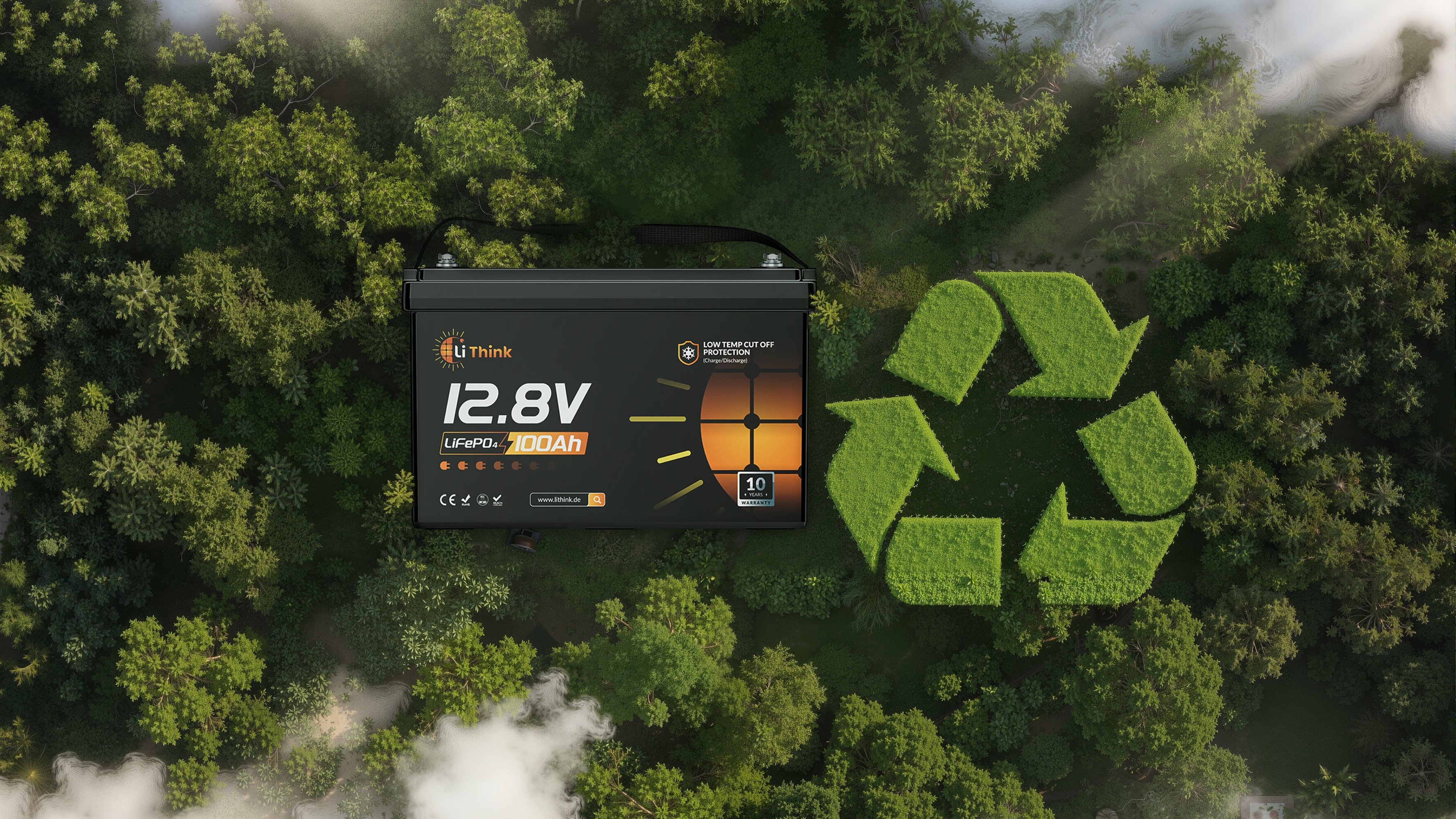 A LiThink 12.8V LiFePO4 battery displayed against a green forest background next to a large recycling symbol made of leaves, representing eco-friendly energy storage.