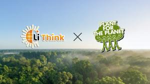 Graphic showing the partnership between Li Think and Plant-for-the-Planet. The Li Think logo on the left and the Plant-for-the-Planet logo on the right are connected by a large 'X' symbol, set against a backdrop of a lush, sun-drenched green forest, symbo