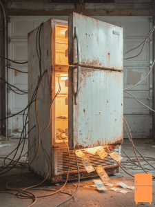 Illustration of an older refrigerator with visible wear in a garage setting (Fridge.com)