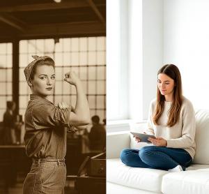 ​A split-screen image comparing two women across different eras. On the left, a sepia-toned vintage photo of a woman in workwear flexing her arm, inspired by "Rosie the Riveter." On the right, a modern woman sits comfortably on a white sofa, smiling while