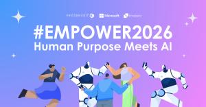 Illustration of people and humanoid robots interacting under the title “#Empower2026: Human Purpose Meets AI,” representing collaboration between humans and artificial intelligence.