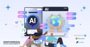 Illustration showing diverse people working with laptops alongside an AI interface and hands holding the Earth, symbolizing human‑centered AI and global nonprofit impact.