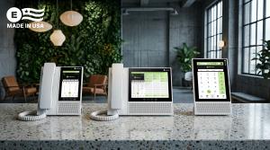 Three E-MetroTel Infinity 7000 Series smart desk phones displayed side by side, including the Infinity 7005H, Infinity 7008H, and Infinity 7008 models.