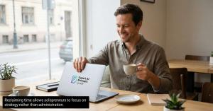 Happy small business owner finishing work early thanks to AI productivity tools.