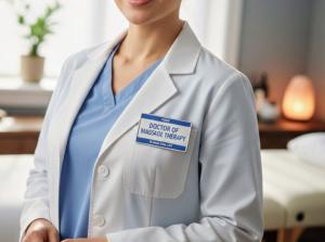 A close-up of a smiling healthcare professional wearing a white clinical coat and blue scrubs. A prominent blue-and-white name tag on her lapel clearly reads "DOCTOR OF MASSAGE THERAPY." The background shows a soft-lit, professional massage room featuring
