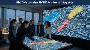 City emergency operations center with responders gathered around a tabletop 3D city model while a large wall screen displays a matching live city simulation for incident planning and coordination.