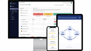 An image of three screens - a desktop, tablet and phone - showing the Clientshare Pulse platform dashboards