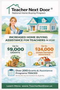2026 home-buying assistance through the Teacher Next Door® Program, grants up to $9,000 and down payment assistance up to $24,000