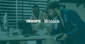 People working together, at an office desk. INHOPE and Block logos on a green transparent overlay