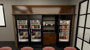 Modern workplace breakroom featuring a smart cooler and fresh food vending options