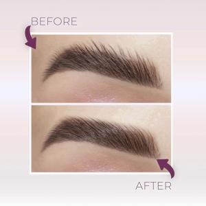 Applying Blinc Tubing Brow Juice to brows showing tubing technology that shapes and conditions brow hairs for a freshly laminated brow look