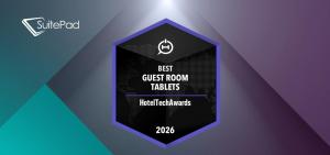 HotelTechAwards 2026 badge showing “Best Guest Room Tablets”
