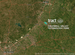 Map showing the location of the Caldwell Valley Technology park in between Austin and San Antonio, Texas