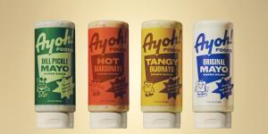 Image of Ayoh's four mayo flavors: Dill Pickle Mayo, Hot Giardinayo, Tangy Dijonayo, and Original Mayo